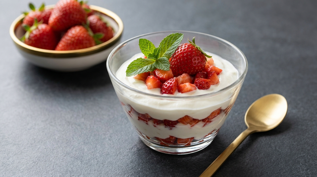 Cremiges Erdbeer-Protein-Dessert mit X-PROTEIN im Glas – frische Erdbeeren, ohne Backen