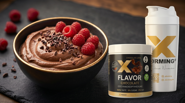Schoko-Protein-Creme in dunkler Schale mit Himbeeren, daneben X-FLAVOR-Dose und weißer X-Shaker