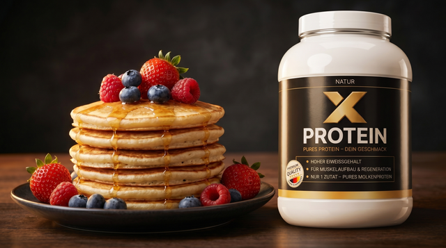 Stapel fluffiger Protein-Pancakes mit Beeren, daneben die weiße X-PROTEIN-Dose