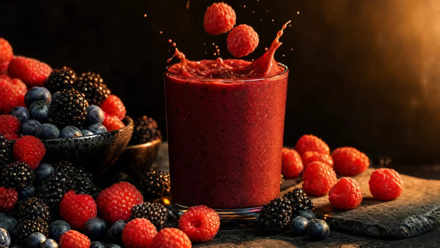 Hohes Glas mit cremigem Beeren-Protein-Smoothie, zwei Himbeeren fallen hinein, Beeren auf dunklem Schiefer