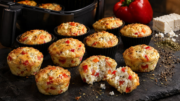 Zwölf goldene Eiweiß-Muffins mit roten Paprikawürfeln und Feta in schwarzen Silikonförmchen auf dunklem Schiefer, einer aufgebrochen mit weichem weißem Inneren, dahinter Airfryer-Korb, rote Paprika, Feta, Oregano und Pfeffer.