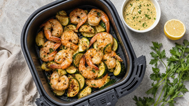 Garnelen und Zucchinischeiben im offenen Airfryer-Korb von oben, daneben eine Schüssel Senf-Dip, eine halbe Zitrone und frische Petersilie