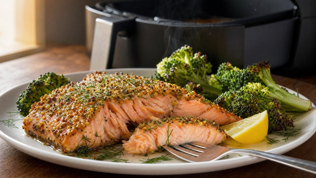 Lachsfilet mit Senf-Dill-Kruste auf weißem Teller, mit der Gabel aufgeblättert, daneben Brokkoli und Zitrone, im Hintergrund ein offener Airfryer