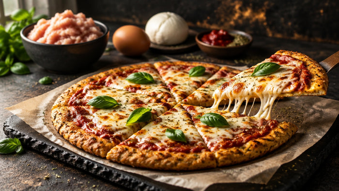 Runde Pizza mit goldbraunem Hähnchenboden, Tomatensauce, geschmolzenem Mozzarella und Basilikum auf Backpapier und dunklem Schiefer, ein Stück mit Käsefäden angehoben, dahinter eine Schale rohes Hähnchenhack, ein Ei, Mozzarella und Tomatenmark.