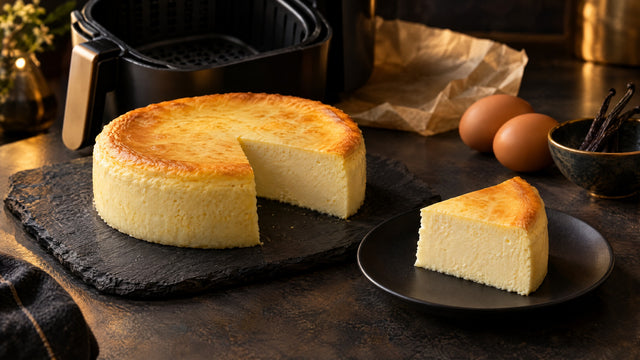 Goldgelber Käsekuchen ohne Boden auf dunklem Schiefer, ein Viertel herausgeschnitten und auf einem schwarzen Teller, cremiges helles Inneres, dahinter ein geöffneter Airfryer-Korb, Backpapier, zwei braune Eier und Vanilleschoten.