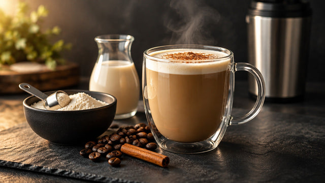 Warmer Protein-Kaffee in einer Glastasse mit Zimt, daneben Eiweißpulver, Mandeldrink und Kaffeebohnen auf dunklem Schiefer.