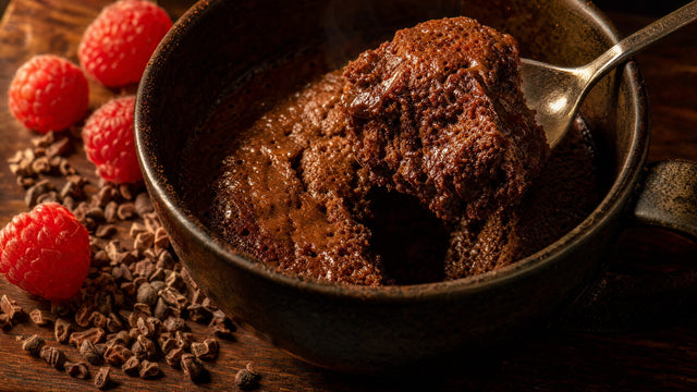 Dunkle Tasse mit warmem Schoko-Protein-Tassenkuchen, ein Löffel hebt ein Stück heraus, daneben Himbeeren und Kakao-Nibs im warmen Abendlicht