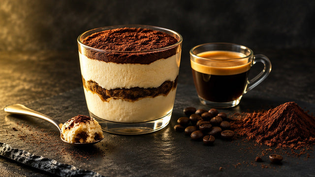 Protein-Tiramisu-Creme im Glas mit Kakao bestäubt, daneben ein Espresso, Kaffeebohnen und Kakaopulver auf dunklem Schiefer.