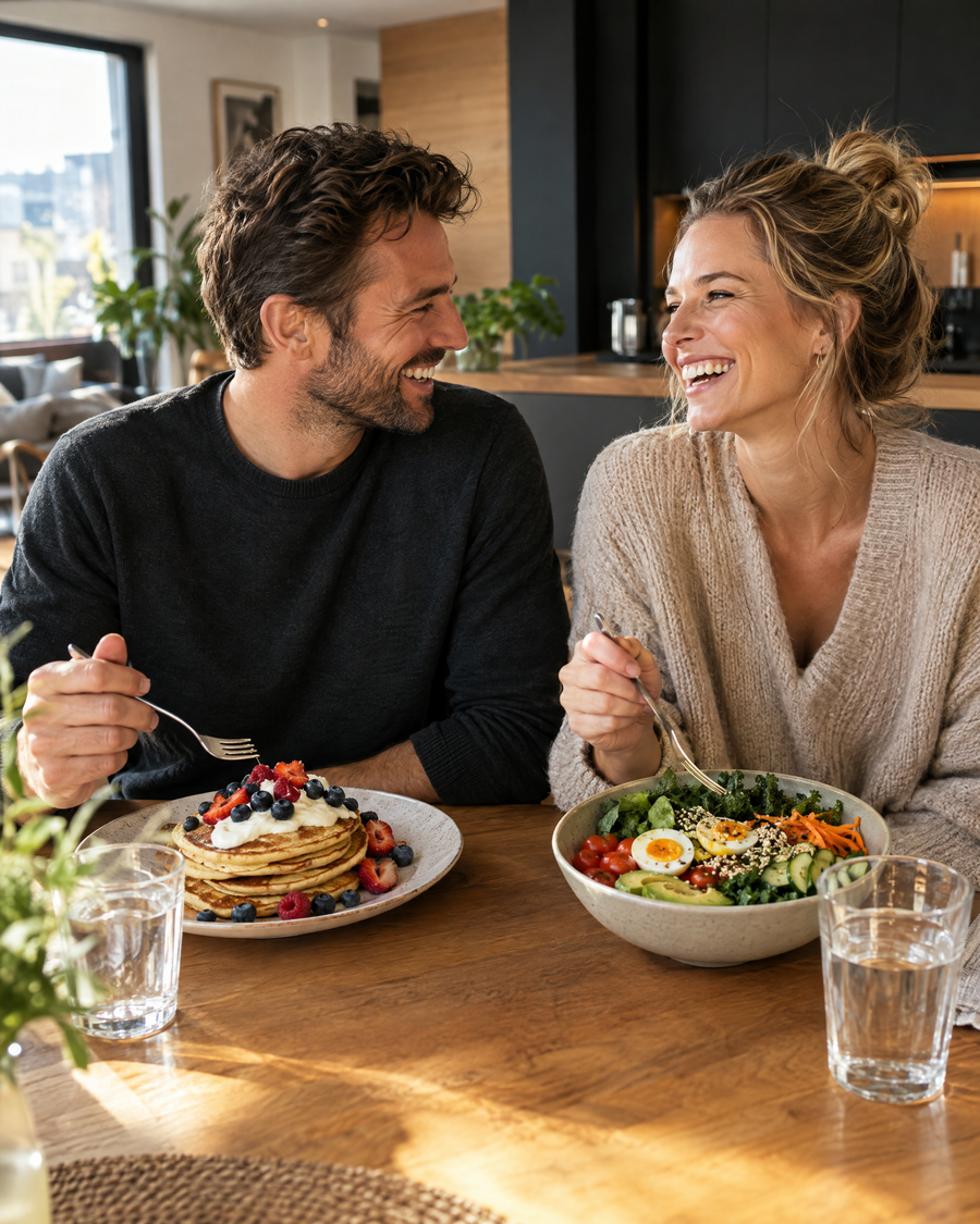 Paar lacht am Esstisch bei Protein-Pancakes und einer bunten Bowl