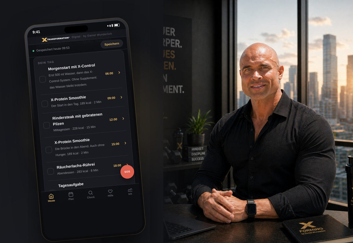 Die X-TRANSFORMATION App auf dem Smartphone: Tagesplan mit Uhrzeiten