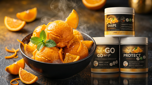 Oranges Protein-Sorbet in dunkler Schale mit Orangen und Minze, daneben die X-CONTROL-System-Produkte