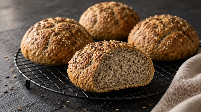 Vier goldbraune Brötchen mit Sesam und Kümmel auf einem schwarzen Kuchengitter, eines aufgeschnitten mit feinporiger Krume, dunkler Schieferuntergrund.