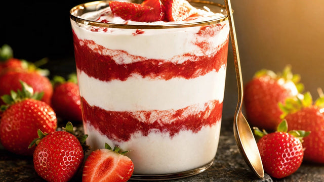 Hohes Glas mit geschichtetem Erdbeer-Protein-Dessert im Gegenlicht, frische Erdbeeren daneben