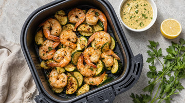 Garnelen und Zucchinischeiben im offenen Airfryer-Korb von oben, daneben eine Schüssel Senf-Dip, eine halbe Zitrone und frische Petersilie