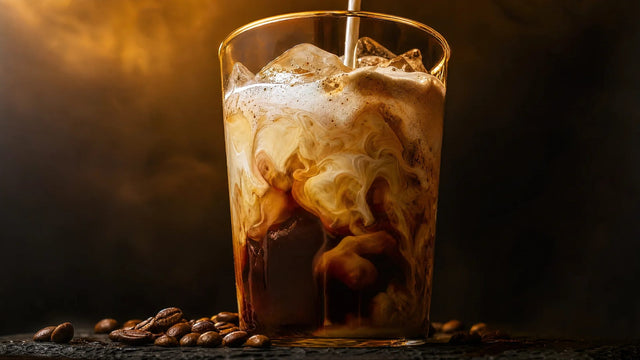 Hohes Glas Protein-Eiskaffee mit Eiswürfeln und Milchschleier, leicht von unten fotografiert