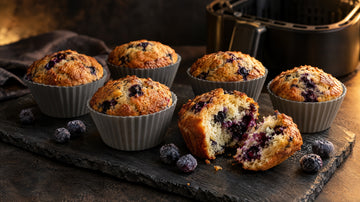 Sechs Heidelbeer-Protein-Muffins in grauen Silikonförmchen auf dunklem Schiefer, einer aufgebrochen, dahinter ein Airfryer-Korb.
