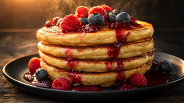 Stapel fluffiger Protein-Pancakes auf dunklem Teller mit Beerensauce und frischen Beeren, warmes Morgenlicht von hinten