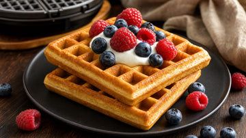 Zwei goldbraune Protein-Waffeln auf dunklem Teller mit Himbeeren, Heidelbeeren und einem Löffel heller Creme, im Hintergrund ein Waffeleisen