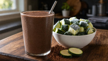 Glas mit cremigem Schoko-Protein-Smoothie neben einer Schale gefrorener Zucchiniwürfel auf einem Holzbrett