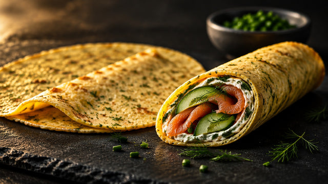 Zwei Wraps ohne Mehl auf dunklem Schiefer, einer flach liegend mit gesprenkelter goldgelber Oberfläche, einer gerollt und angeschnitten mit Räucherlachs, Gurke, Kräutern und Frischkäse.
