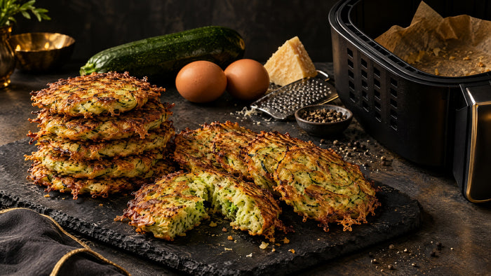 Goldbraune Zucchini-Puffer ohne Mehl auf dunklem Schiefer, einer aufgebrochen, dahinter ein Airfryer-Korb, Zucchini, Eier und Parmesan.