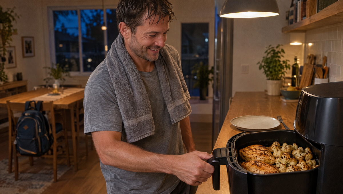 Mann mit Handtuch nach dem Duschen holt Hähnchen und Blumenkohl aus dem Airfryer