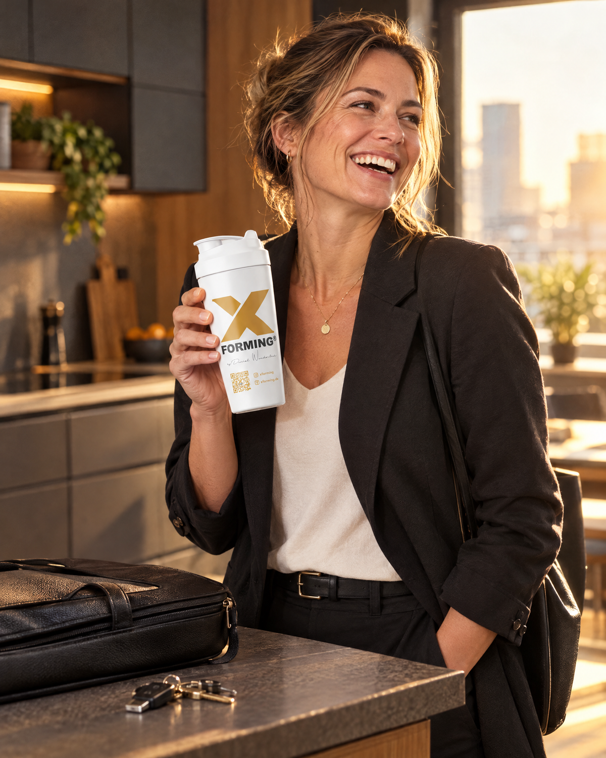 Frau im Blazer am Morgen in der Küche mit dem X-FORMING Shaker