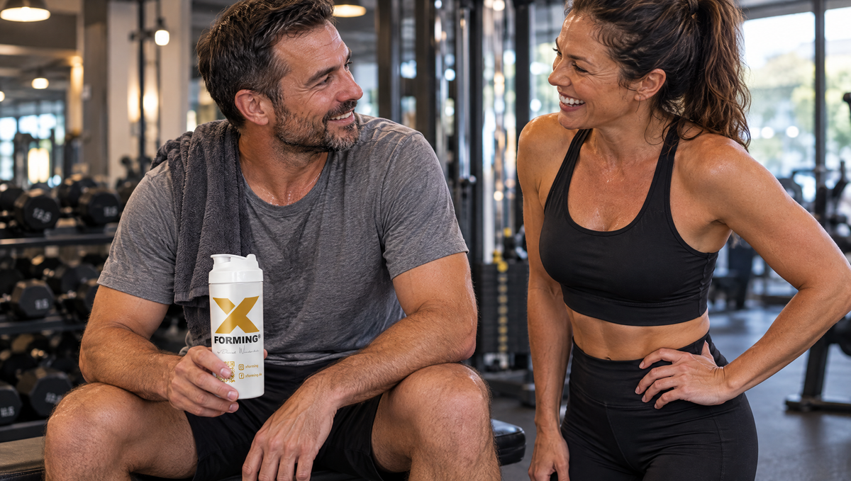 Paar im Gym zwischen zwei Sätzen, er hält den X-FORMING Shaker