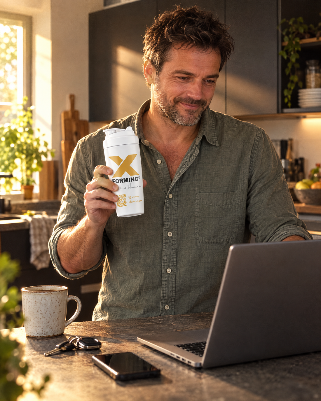 Mann am Morgen in der Küche mit dem X-FORMING Shaker am Laptop