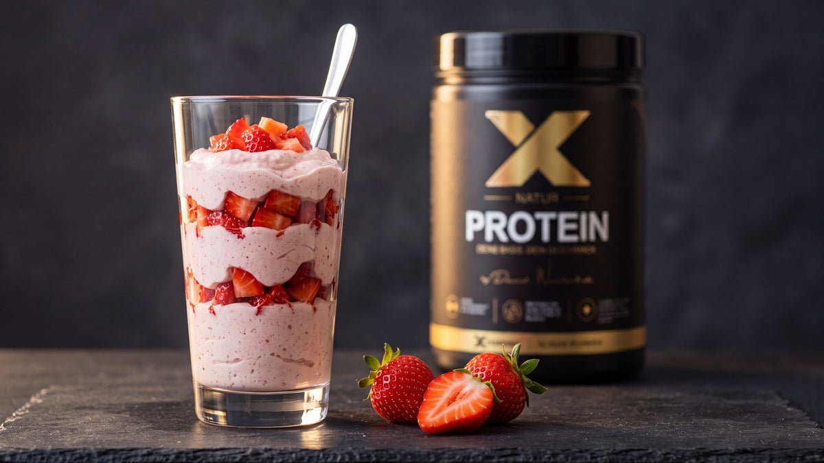 Geschichtetes Erdbeer-Protein-Dessert im Glas neben der X-PROTEIN Natur Dose