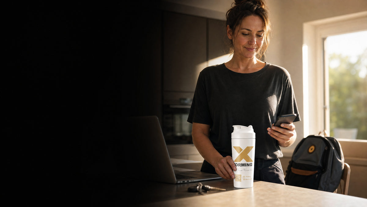 Frau in der Kueche mit Laptop und Rucksack, daneben der weisse X-FORMING Shakerss_intro