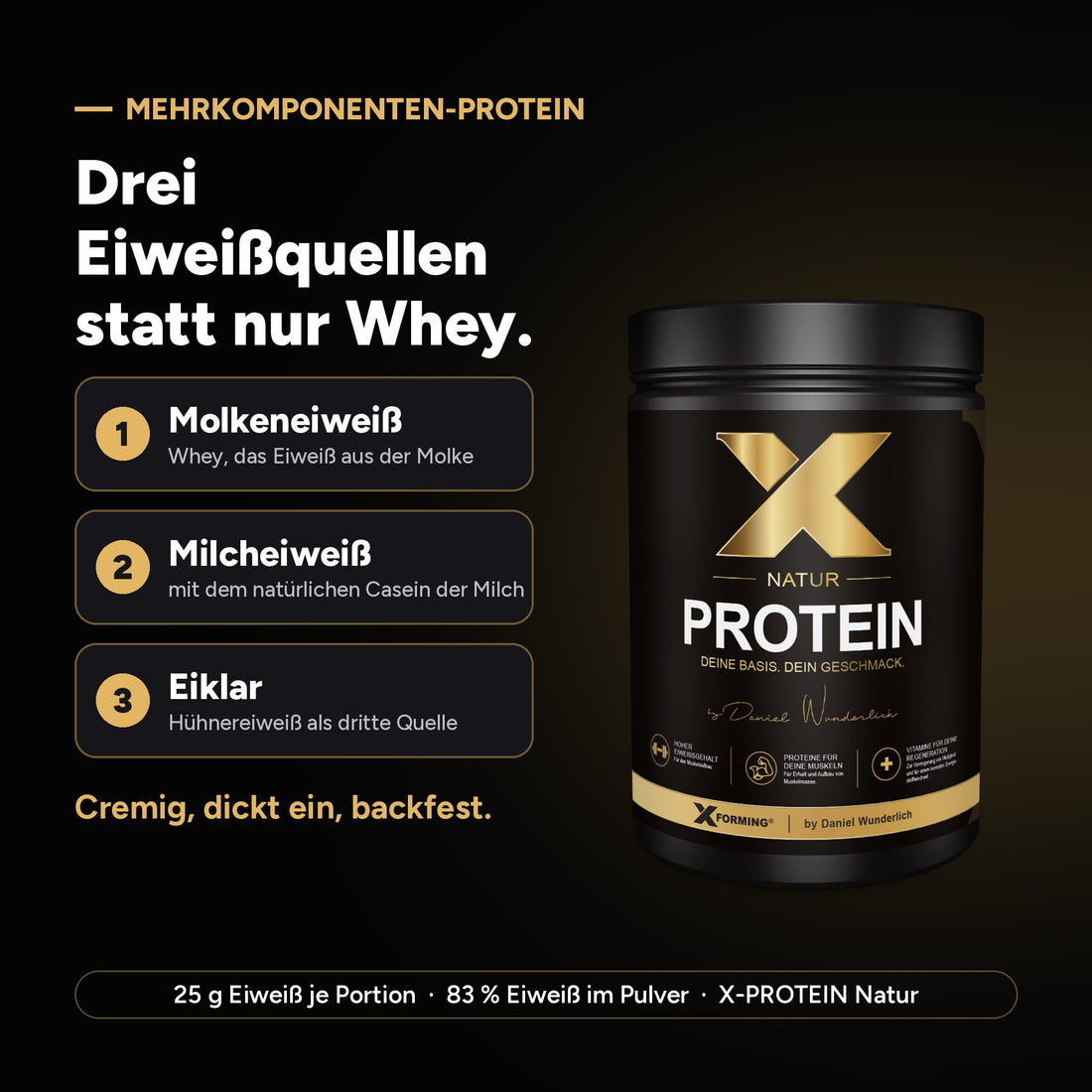 X-PROTEIN Natur Dose 750 g auf dunklem Studiountergrund mit Reflexion