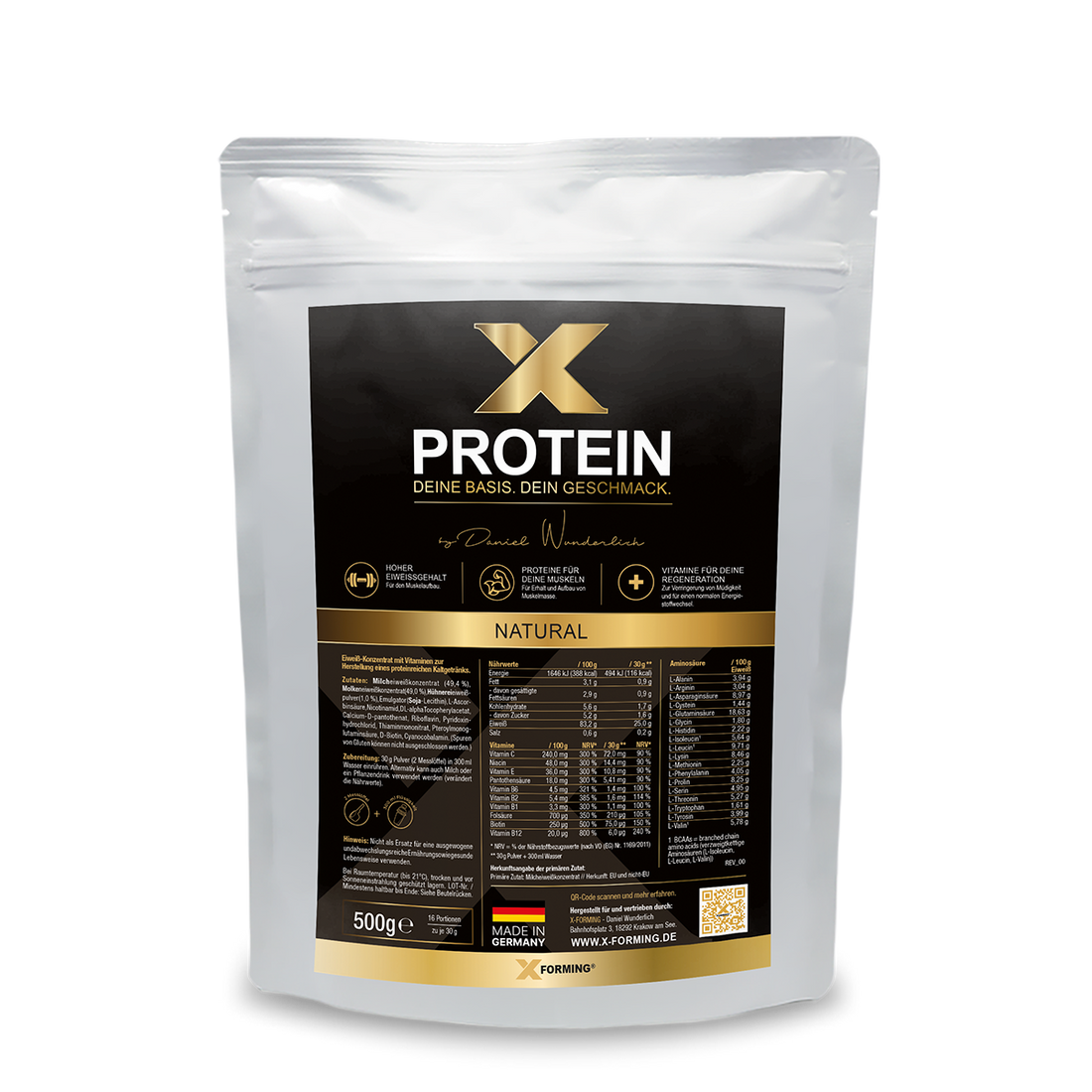 X-PROTEIN Natur Dose 750 g auf dunklem Studiountergrund mit Reflexion