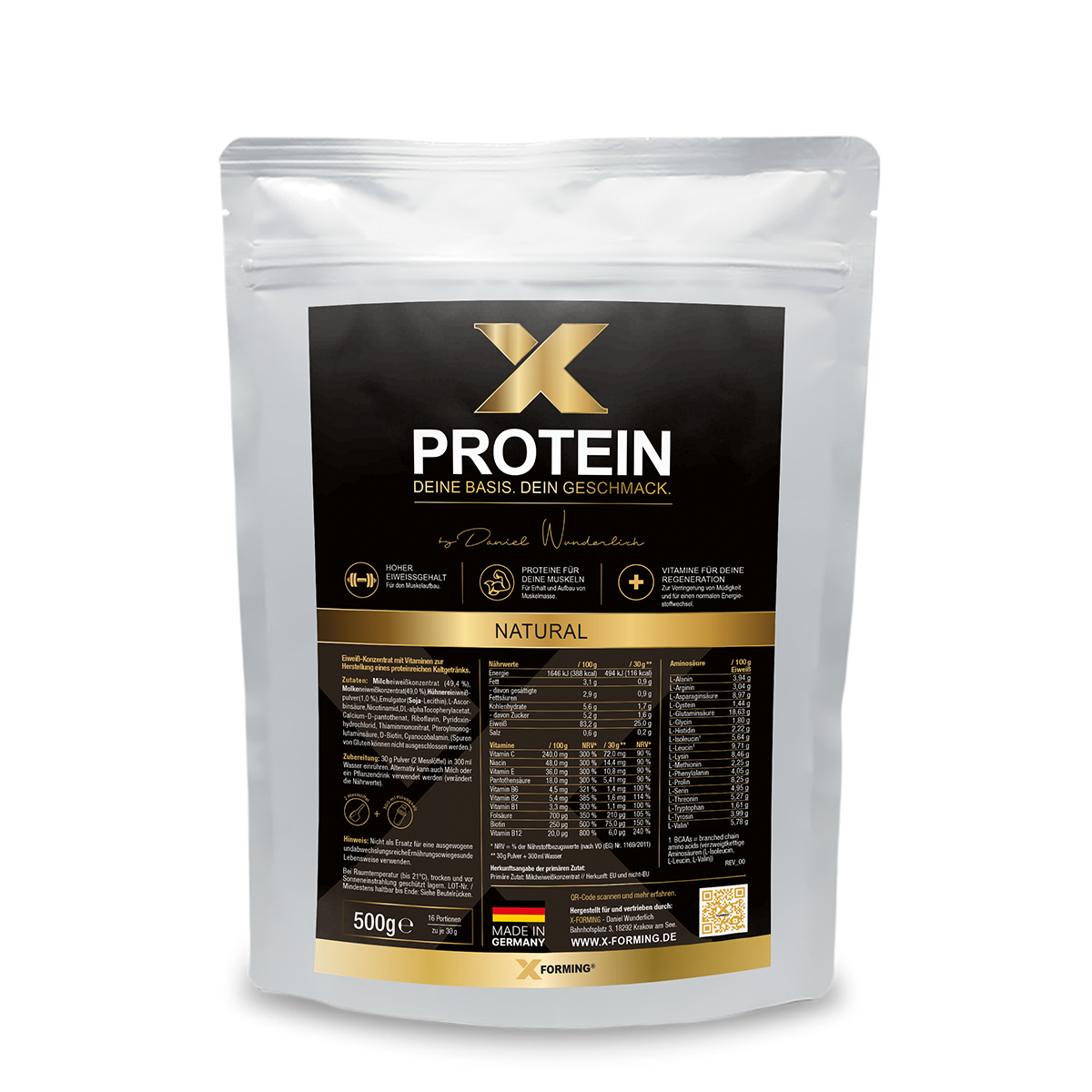 X-PROTEIN Natur 500 g Beutel, neutrales Proteinpulver mit Vitaminen von X-FORMING