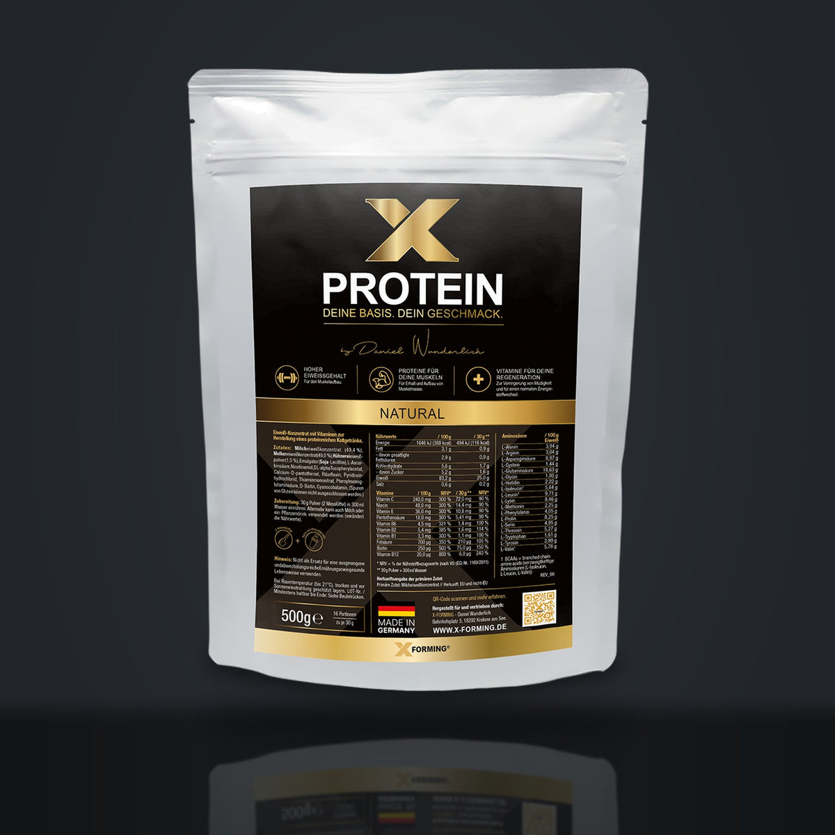 X-PROTEIN Natur Beutel 500 g auf dunklem Studiountergrund