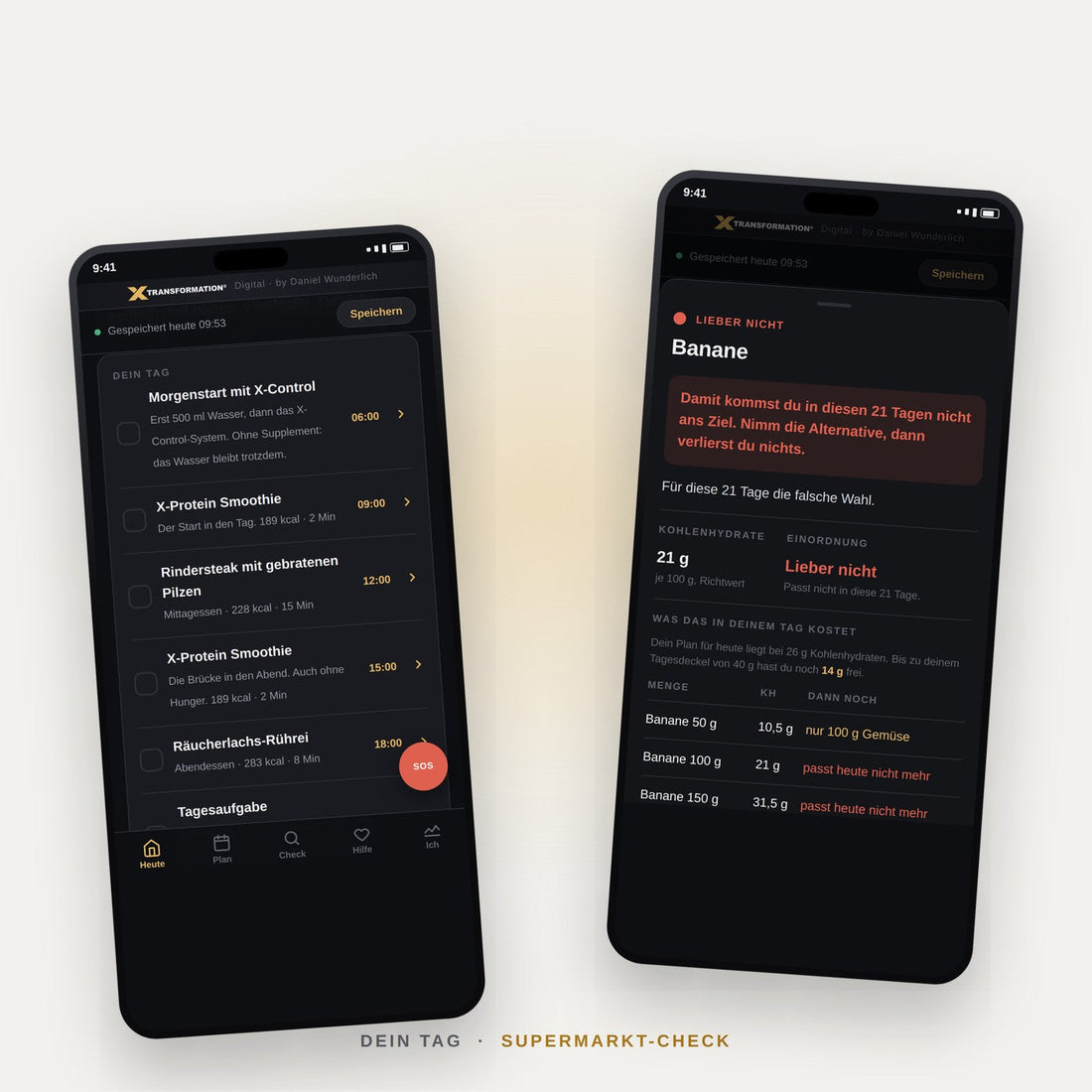 Die X-Transformation App auf dem Handy: Tagesplan und Supermarkt-Check
