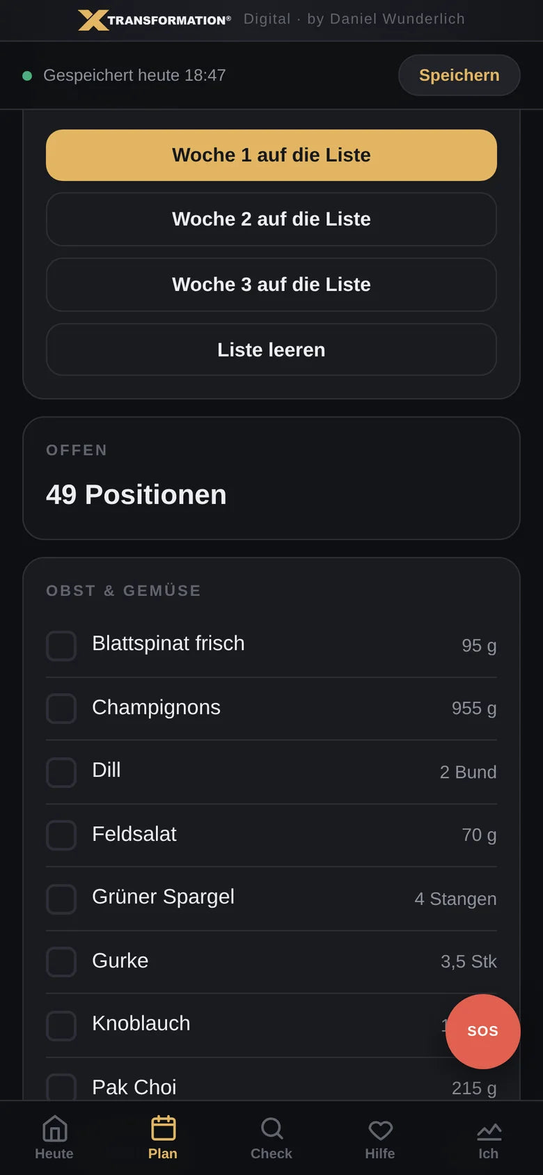 X‑Transformation App: Einkaufsliste aus dem Plan, nach Regalen sortiert