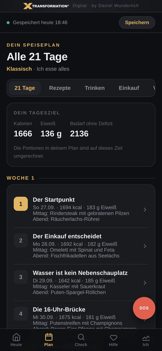 Ansicht der X-Transformation App mit dem Plan für 21 Tage