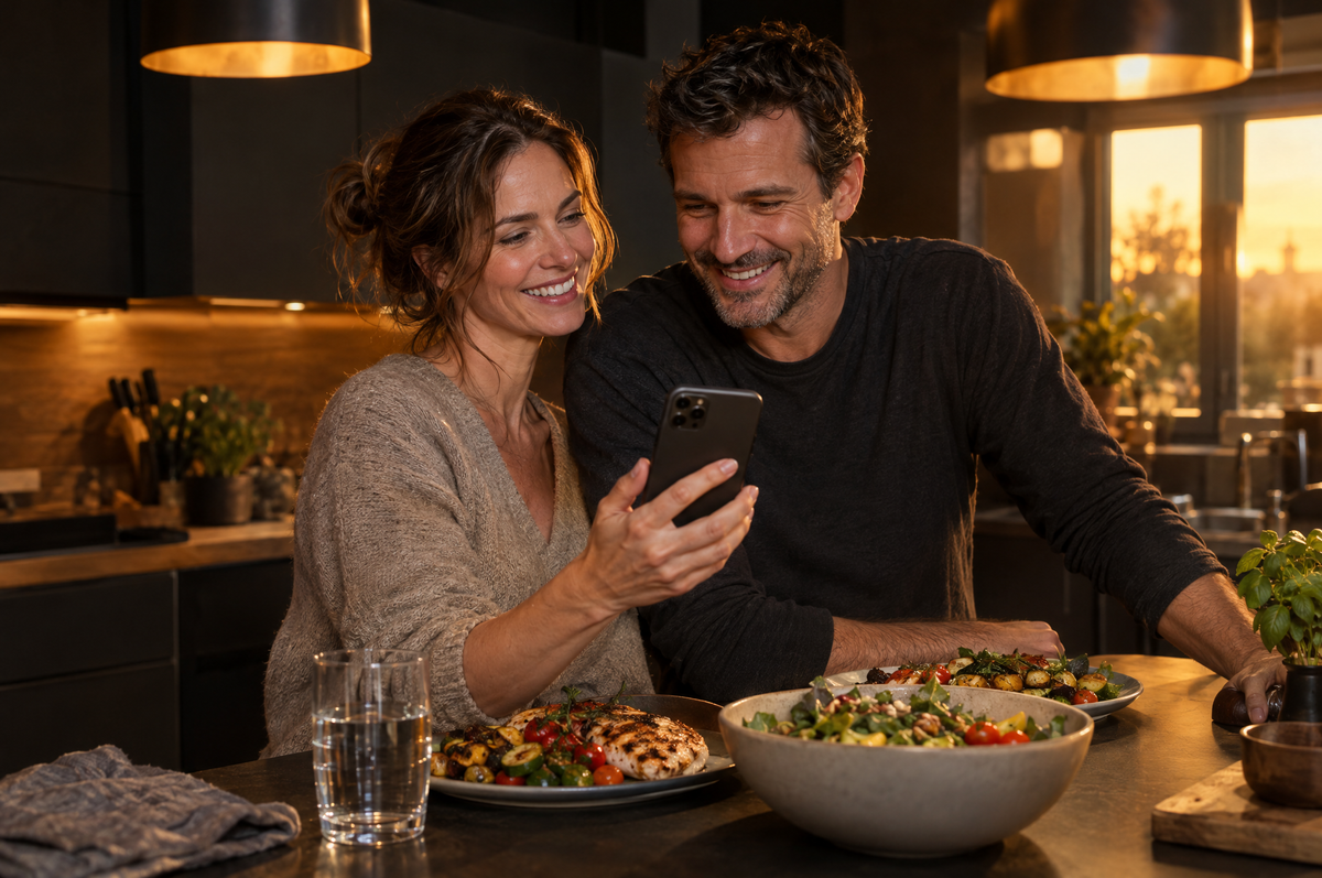 Paar in der Küche schaut gemeinsam auf den Tagesplan im Handy, davor ein gesundes Abendessen