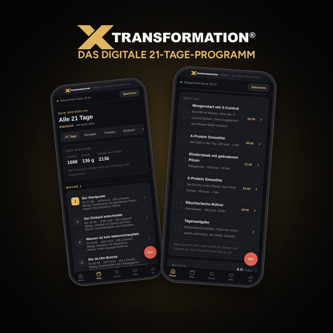 X-Transformation, das digitale 21-Tage-Programm: zwei Handys mit Speiseplan und Tagesablauf der App